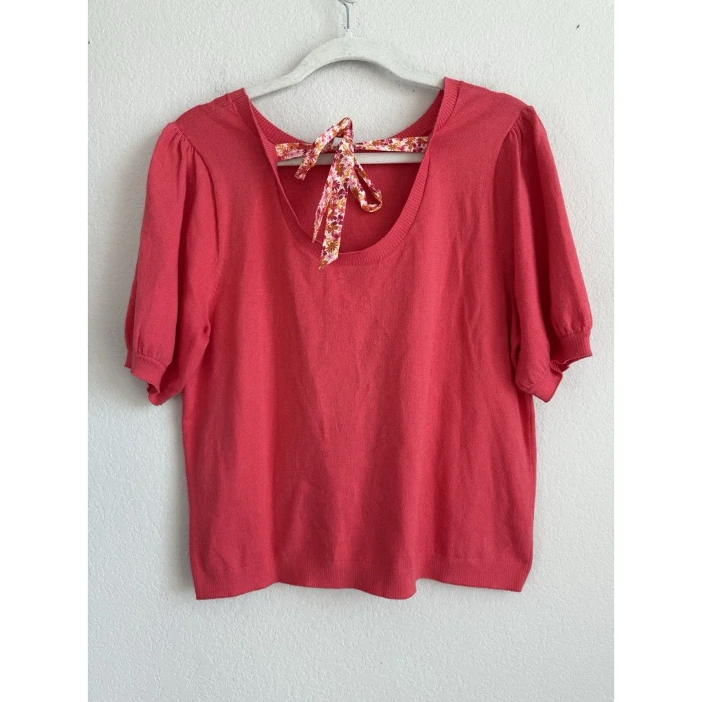 J.Crew Women's Size Large Orange‎ Pink Back Floral Bow Tie Short Puff Sleeve Top